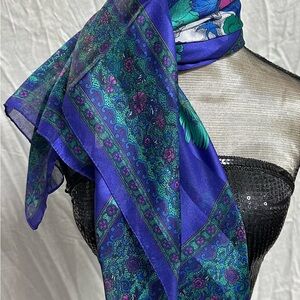 Blue, Pink and Green Floral Satin Silk Scarf with Iridescent Patterns
